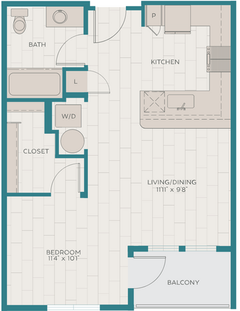 Floor plan for studio, 1 bath, 588 sqft